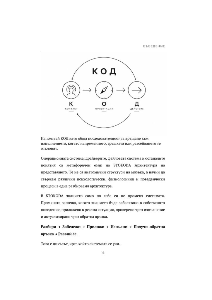 Страница от книгата със схемата на протокола КОД — Контакт, Ориентация, Действие
